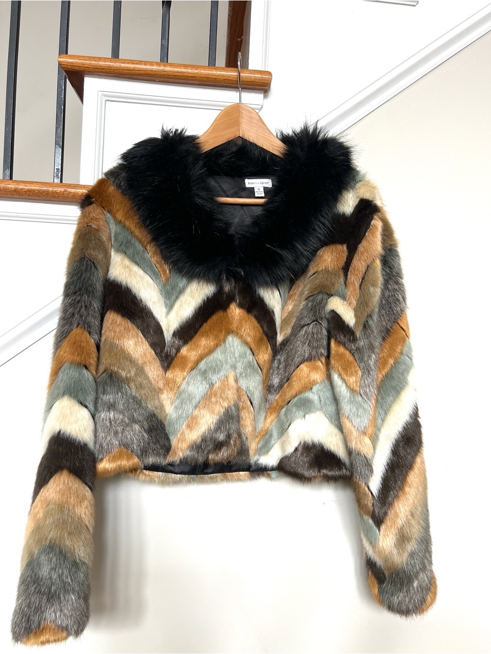 Mob wife Nikki Swango Rebecca Elliot RARE Faux Fur Chevron Bomber Jacket brown